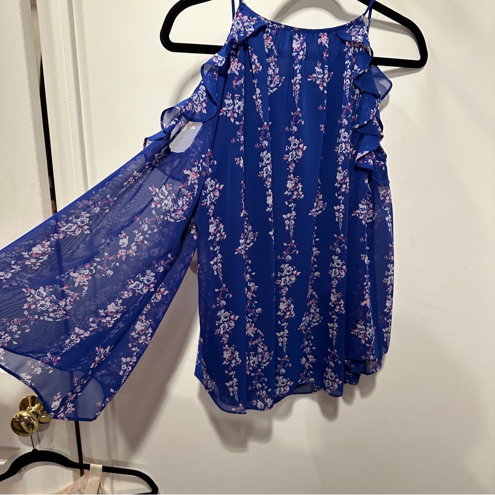 Kaari Blue Floral top with Elegant Design -Cold Shoulder beautiful bell sleeves